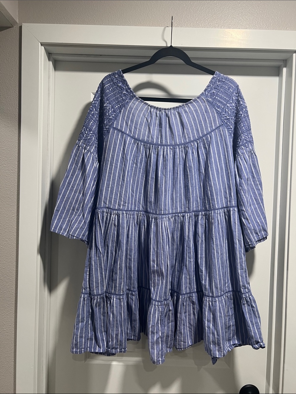 Free People Lola Embroidered Mini Dress Blue & White Stripes Cutout Back Size M